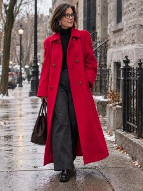 Vintage Raspberry Red Double Breasted Long Coat Wool Feel